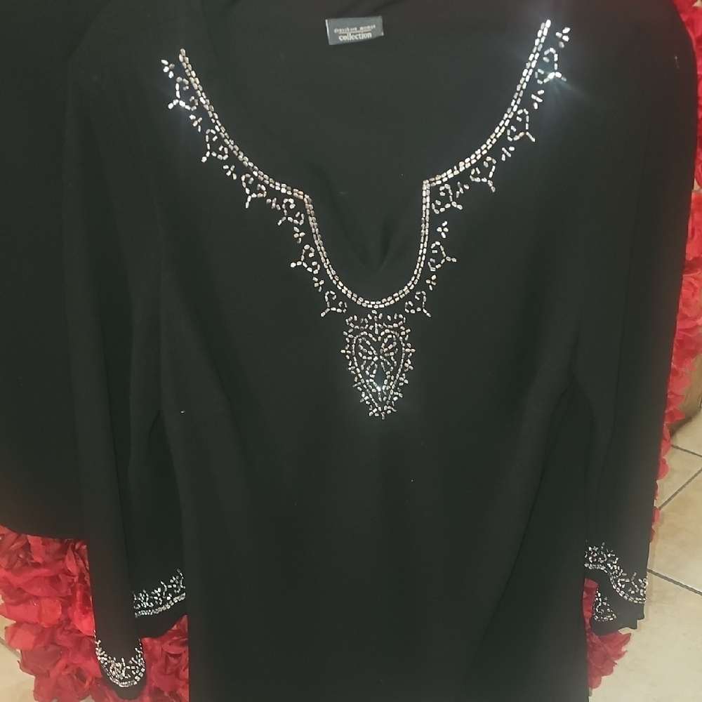 Dressbarn Women's Lined Black Sharkbite Embellished Tunic & Black Pants Size 20W
